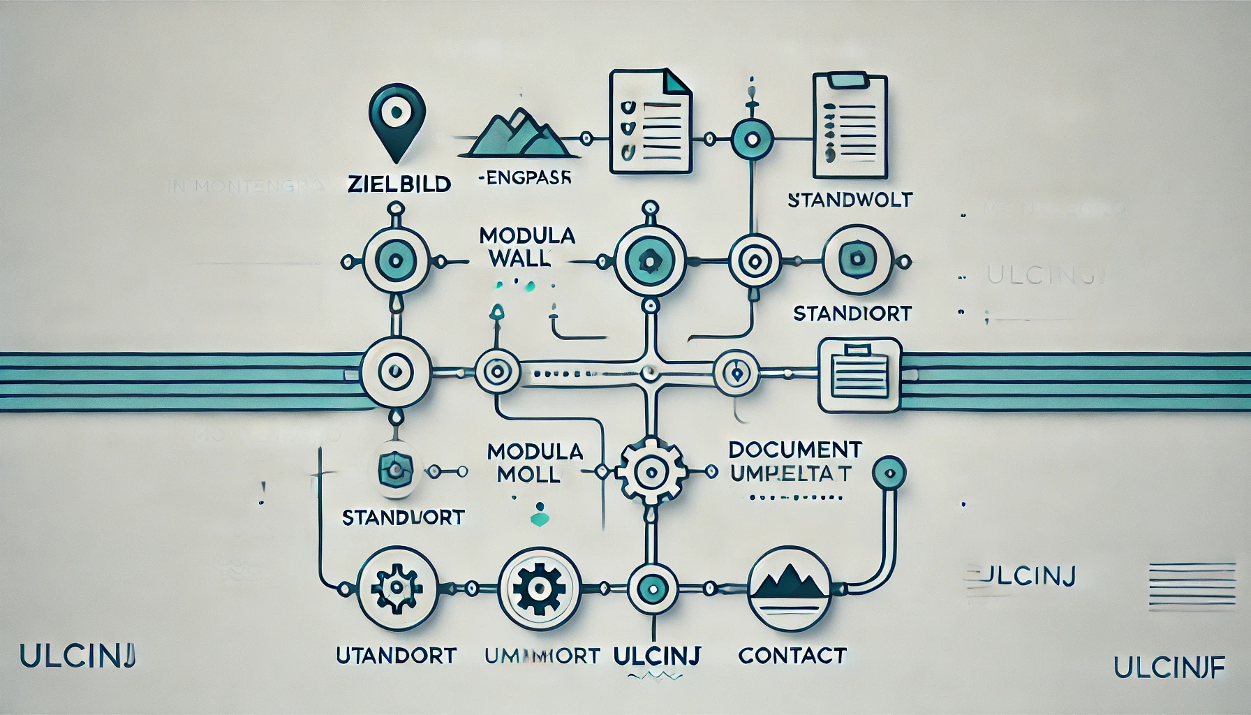 Markteintritt und Umsetzung - Visuelle Roadmap des Markteintrittsprozesses in Montenegro mit Ulcinj als Hub: sieben Stationen von Zielbild bis Kontakt, dargestellt als minimalistischer Prozessbalken mit Icons, klarer Linienf&uuml;hrung und dezenten Farben.