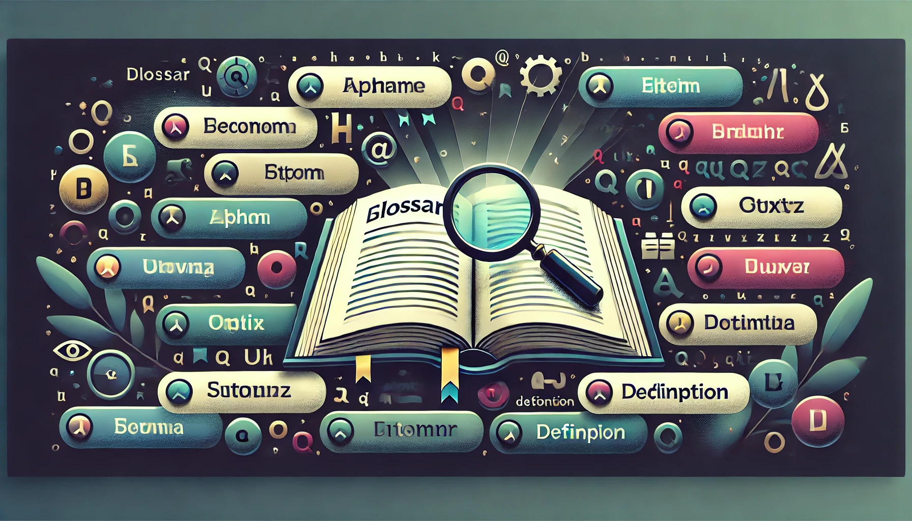 Offenes Glossar - Buch mit Wortblasen, Lupe und Sprachsymbolen - symbolisiert ekosphere.me Beratung zu Auswanderung, Firmengründung, Immobilien und Investments in Ulcinj, Montenegro. Ein Projekt der ekosphere doo.