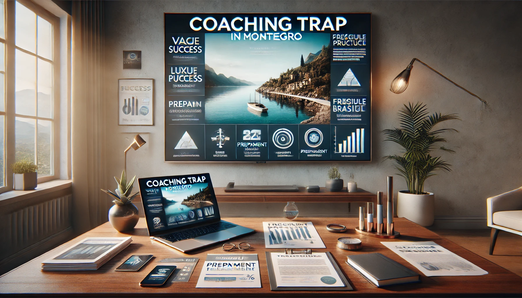 Illustration zu dubiosen Modellen f&uuml;r passive-Einkommen in Montenegro mit Influencern, Vorkasse und unrealistischen Versprechen